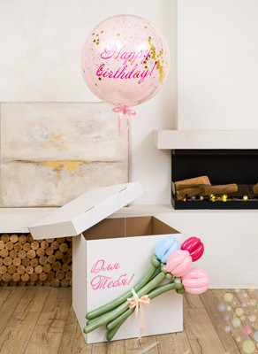 Воздушные шары Коробка-сюрприз "Тюльпаны" с большим шаром